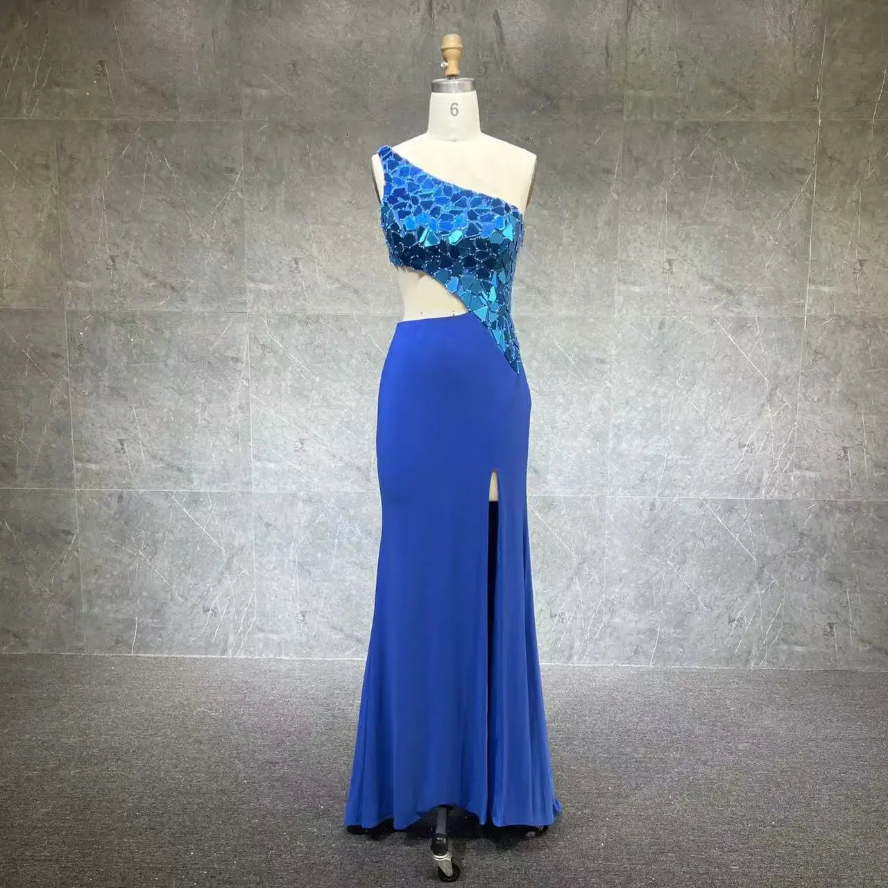 One-Shoulder High-Slit Long Prom Dress Glass Mirror Lady Preteen Girl Pageant Gown Formal Party Guest Runway