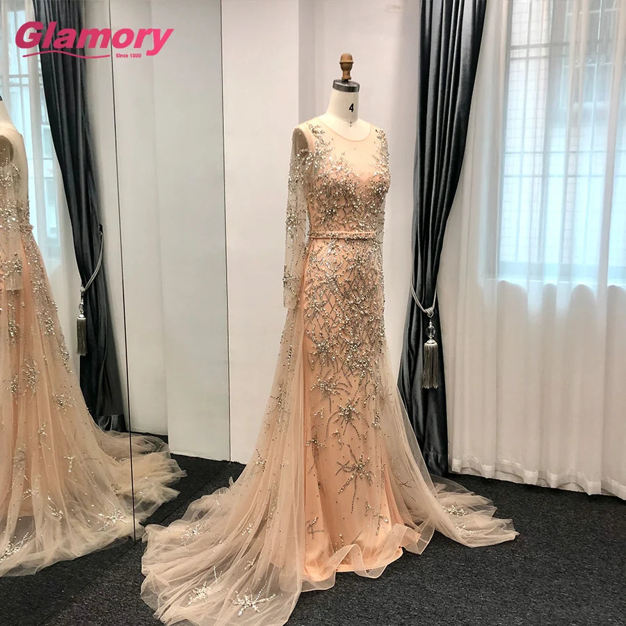 Rose Gold Long Sleeve Tirkish Dress With Stylish Beaded Evening Dresses Made in China