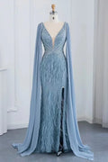 Blue Mermaid Cape Sleeves With  Feather V Neck Evening Dresses Beaded Party Gowns for Women