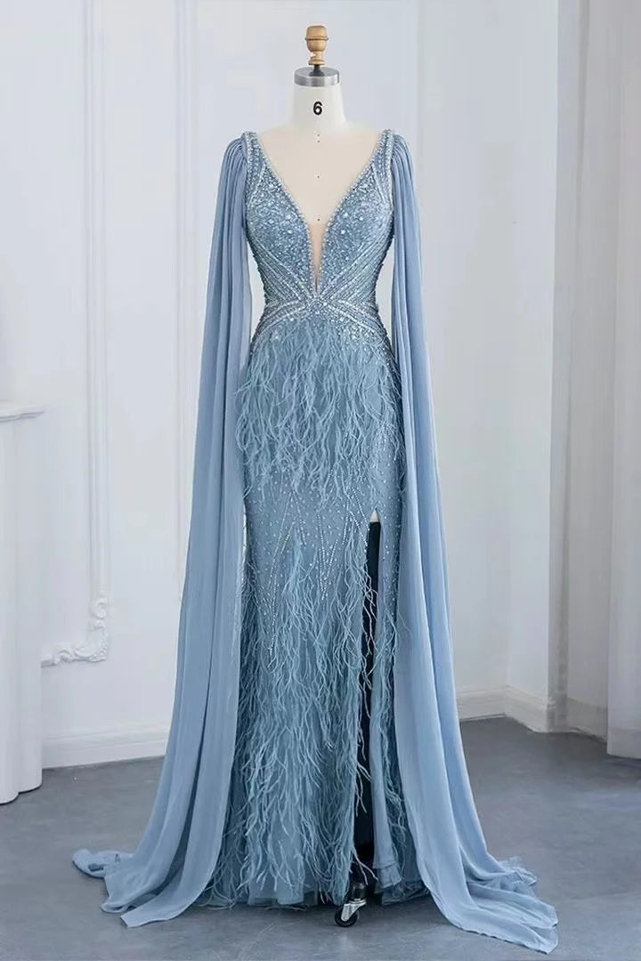Blue Mermaid Cape Sleeves With  Feather V Neck Evening Dresses Beaded Party Gowns for Women