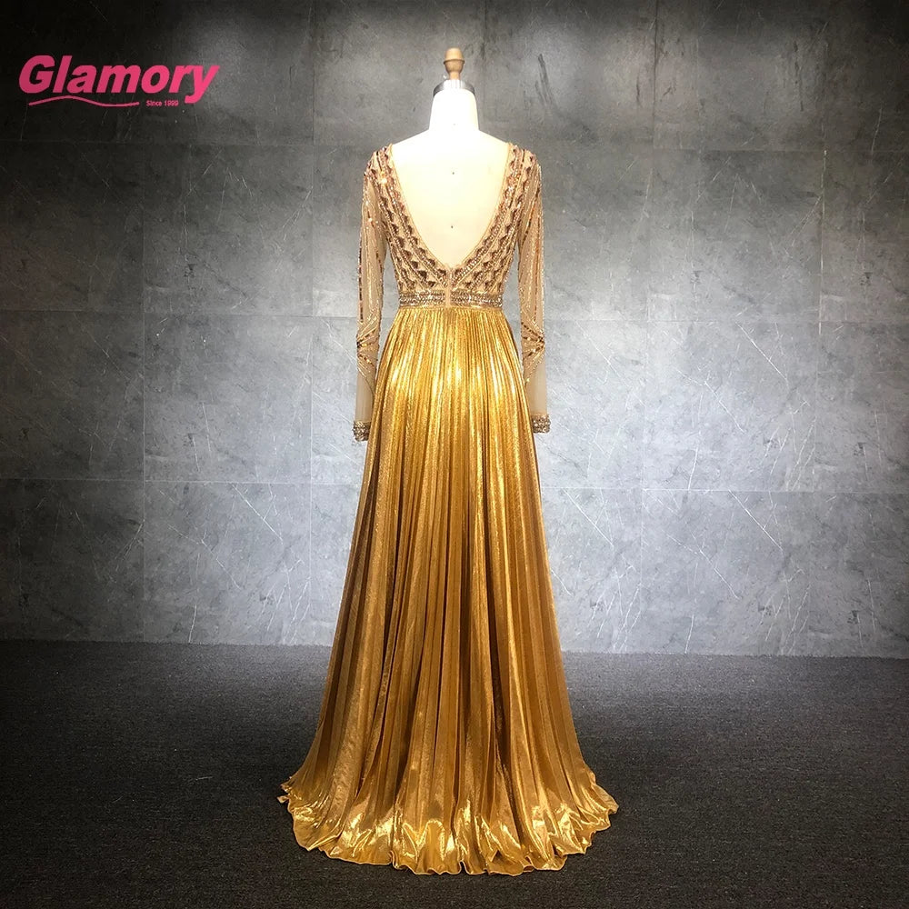 2021 New Collection Luxury Long-Sleeve V-Neck Party Gown for Fat Women Celebrity Sexy Evening Dress