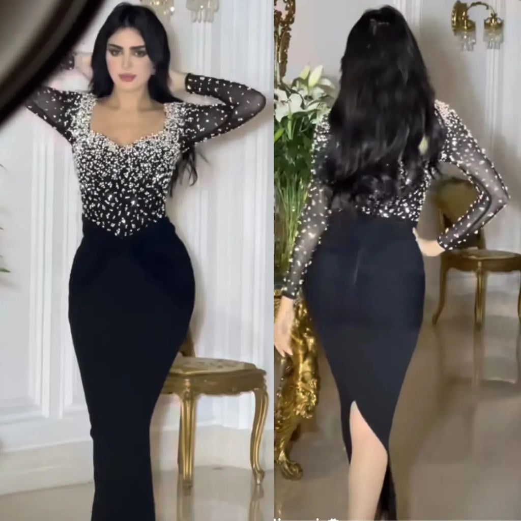 Black Velvet Long Evening Dress Sparkly Beaded Celebrity Gowns Women Wedding Party Dress Formal Prom Dress Customized