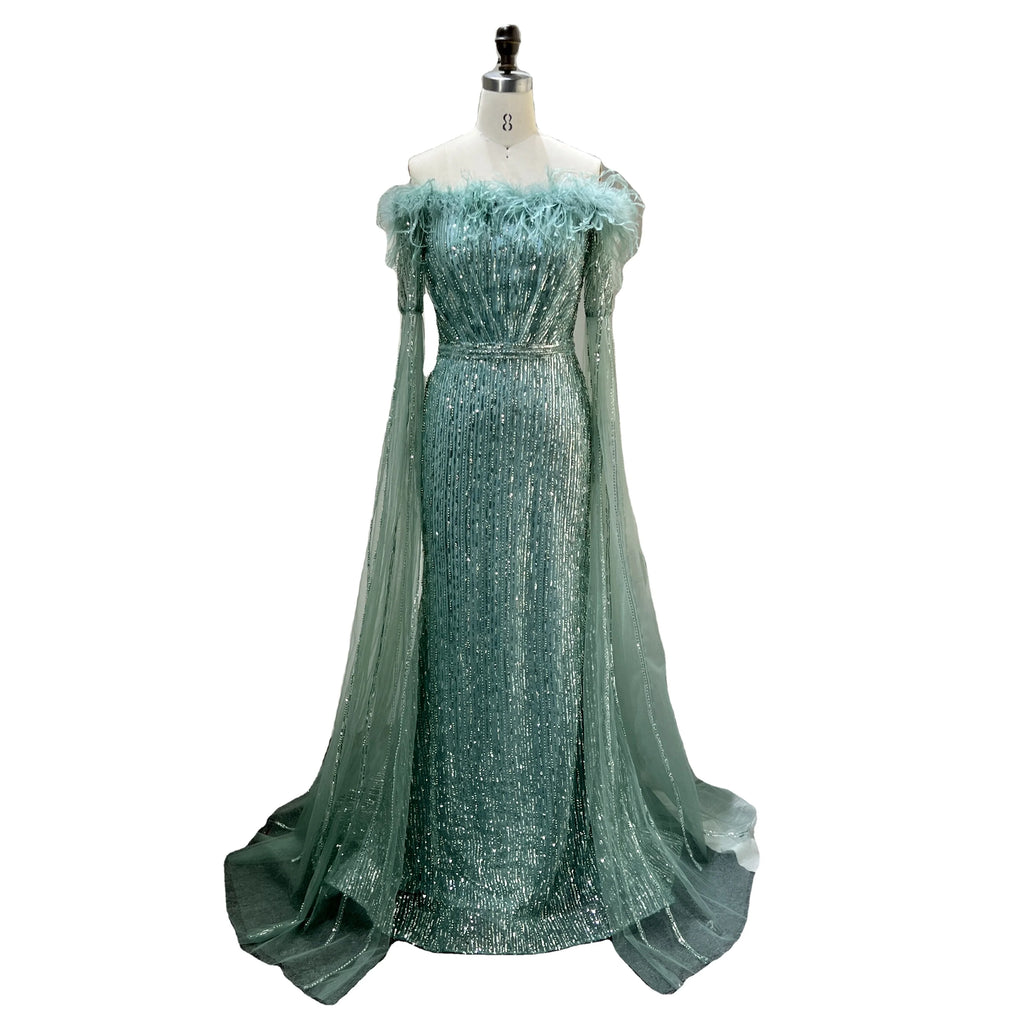 Luxury Dubai Glitter Feathers Beaded Cape Sleeves Off Shoulder Elegant Mermaid Sequins Evening Gown
