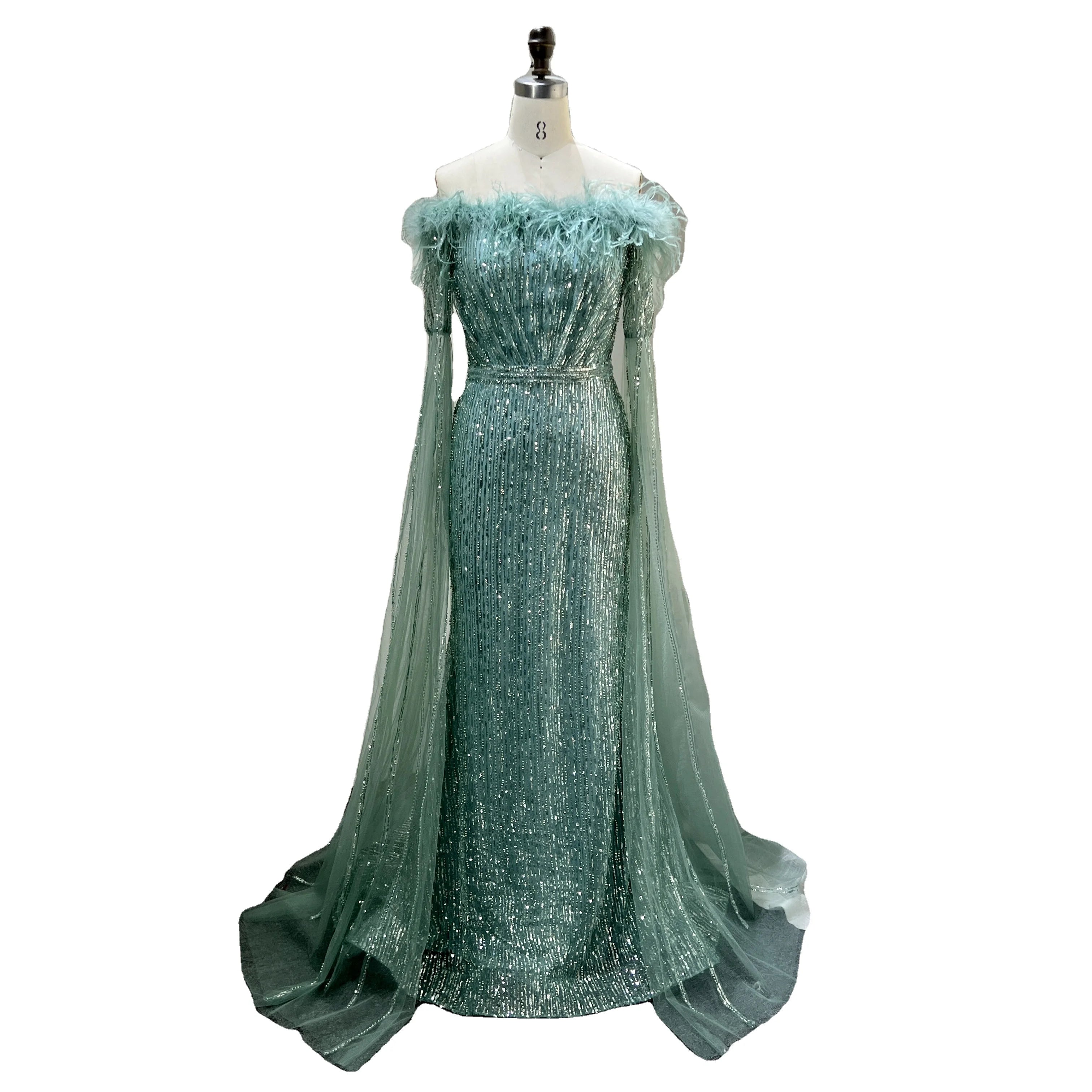 Luxury Dubai Glitter Feathers Beaded Cape Sleeves Off Shoulder Elegant Mermaid Sequins Evening Gown