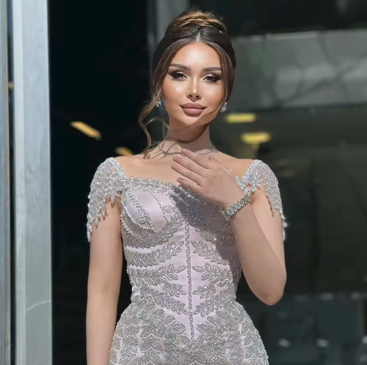 Saudi Arabic Luxury Tassel Straight Evening Dress for Women Wedding Formal Party Gowns