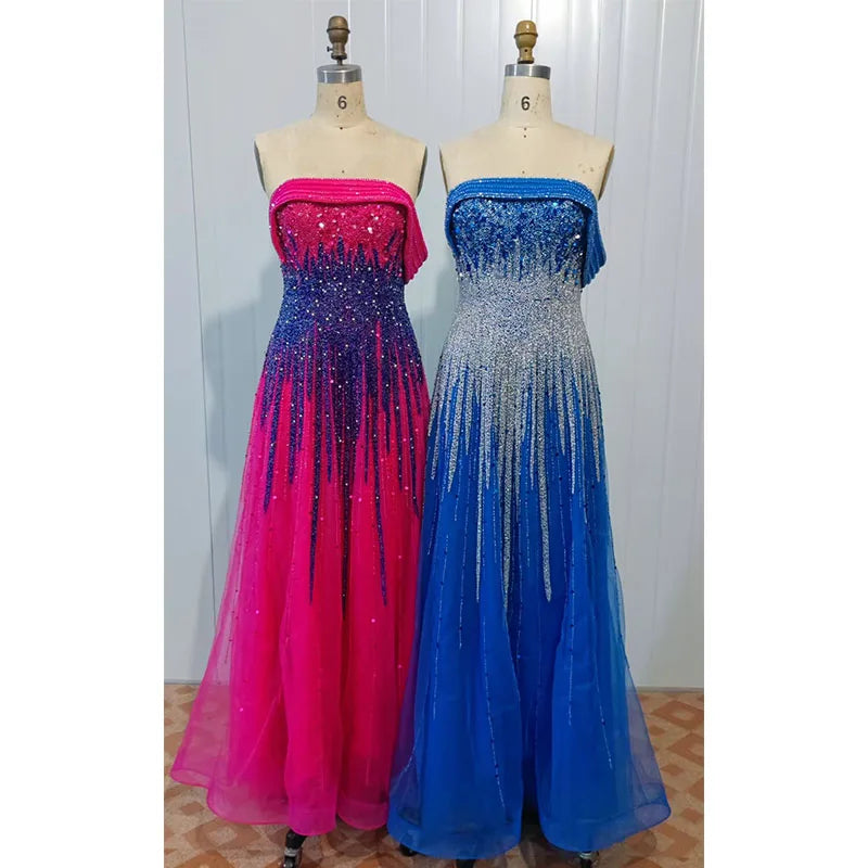 2025 Customized Turquoise Blue Luxury Dubai Evening Dress Elegant Off Shoulder Long Fuchsia Wedding Party Gown