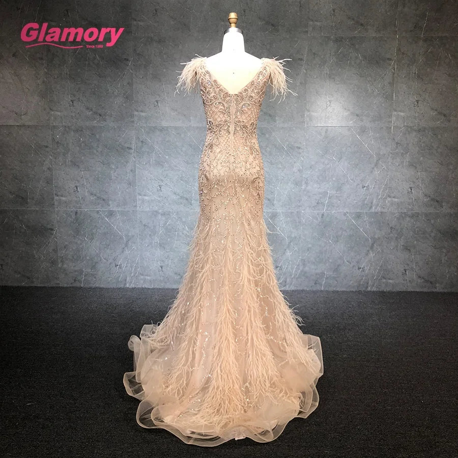 2021 New Champagne V Neck Sleeveless Sexy Luxury Mermaid  Beaded Evening Dresses With Feathers Party Gowns