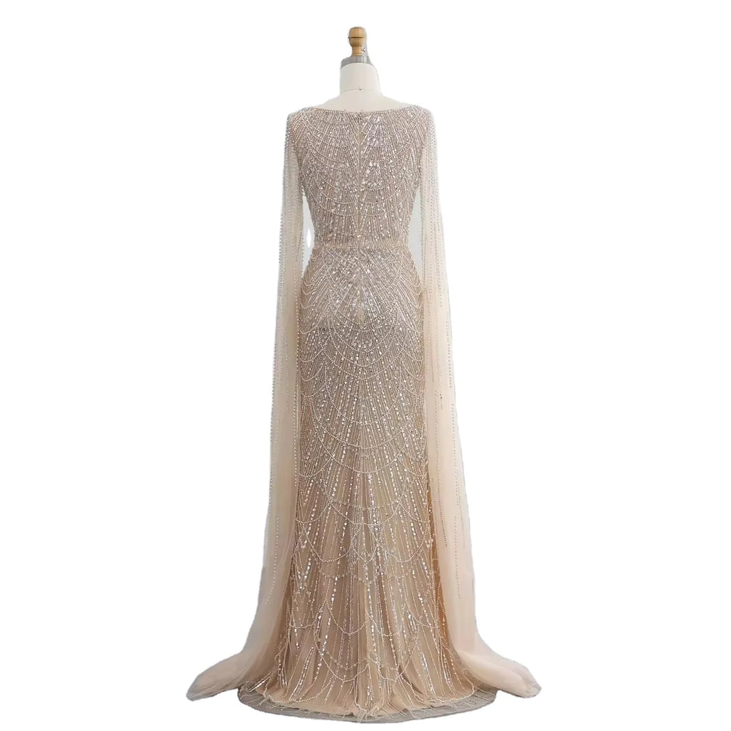2025 Saudi Arabic Mermaid Evening Dress With Beaded Cape Sleeves for Formal Occasion Customize