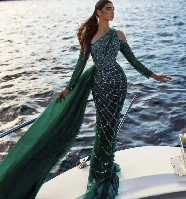NEW 2023 One Shoulder Luxury Dubai Evening Dress Arabic Mermaid Prom Formal Dress for Wedding Party