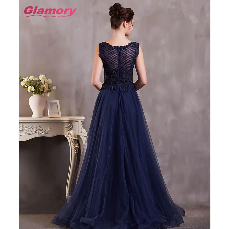 Dark Blue Long Wholesale Dresses Handmade Lace Ball Gown O-neck Floor-length Tulle Evening Dress