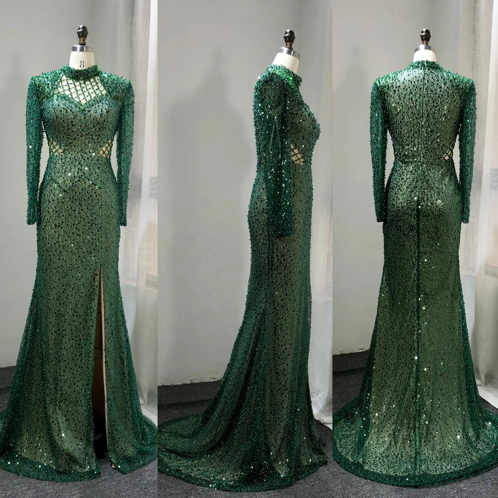 2022 Popular Banquet Long Sleeve Sequin Evening Dress With Split Long Beading Dress for  Women