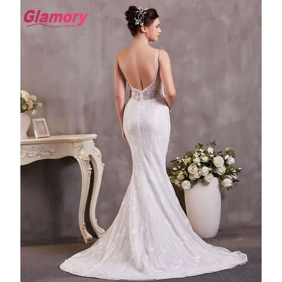 V Neck Sleeveless Lace Mermaid Wedding Dress for Wedding Day