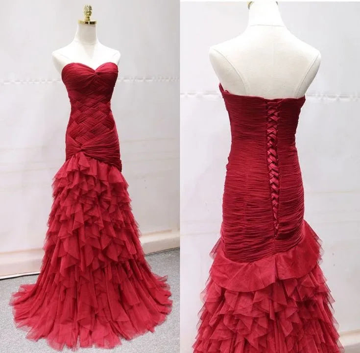 Burgundy & Blue Mermaid Prom Dresses Sweetheart Sleeveless Tiered Tulle Evening Dresses for Women Formal Party Gowns