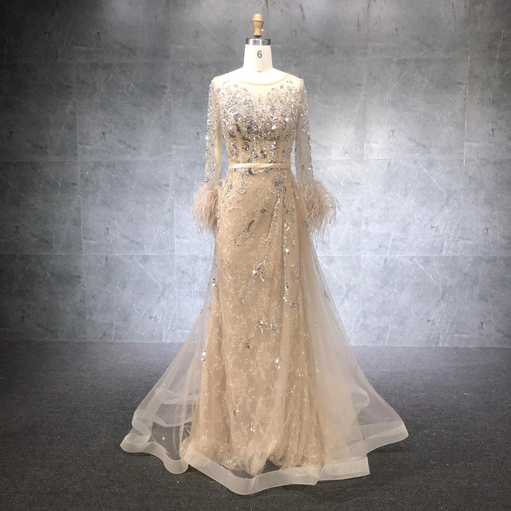 Champagne Long Sleeve Dress Beaded Feather Long Dress Elegant  Party Evening Gowns for Women