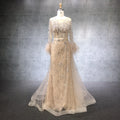 Champagne Long Sleeve Dress Beaded Feather Long Dress Elegant  Party Evening Gowns for Women