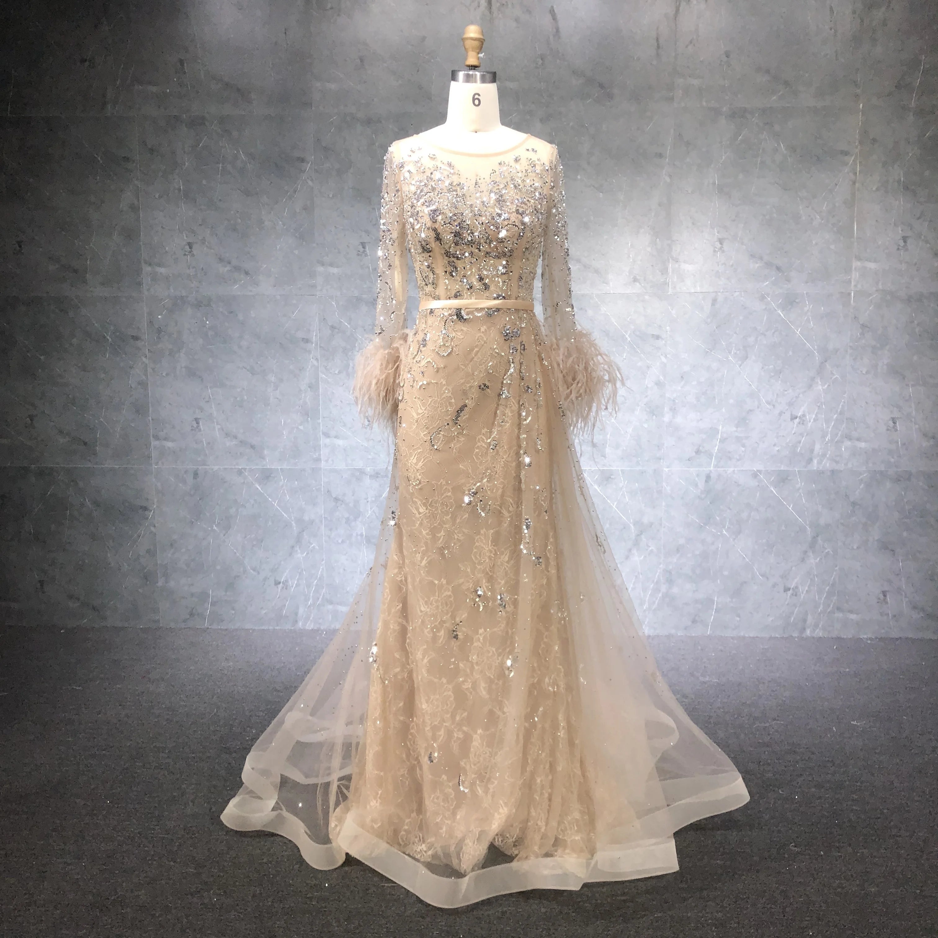 Champagne Long Sleeve Dress Beaded Feather Long Dress Elegant  Party Evening Gowns for Women