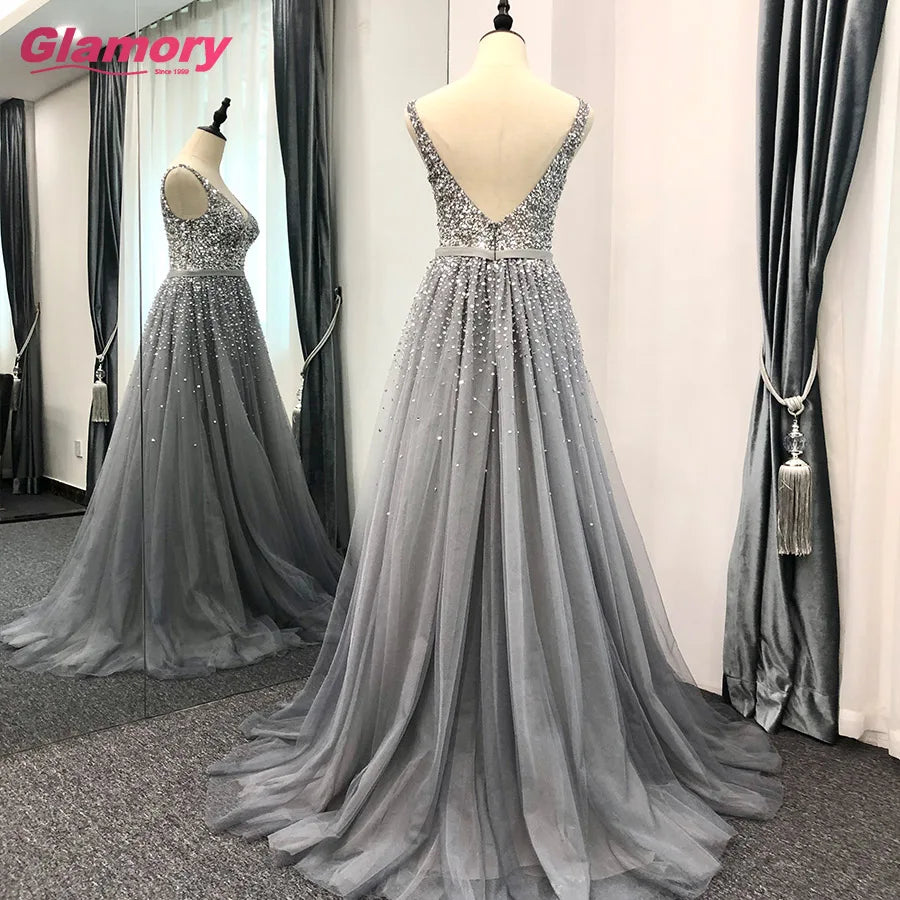 Gray Beading Sparkly Prom V Neck Elegant European Style A-Line Charming Evening Dress