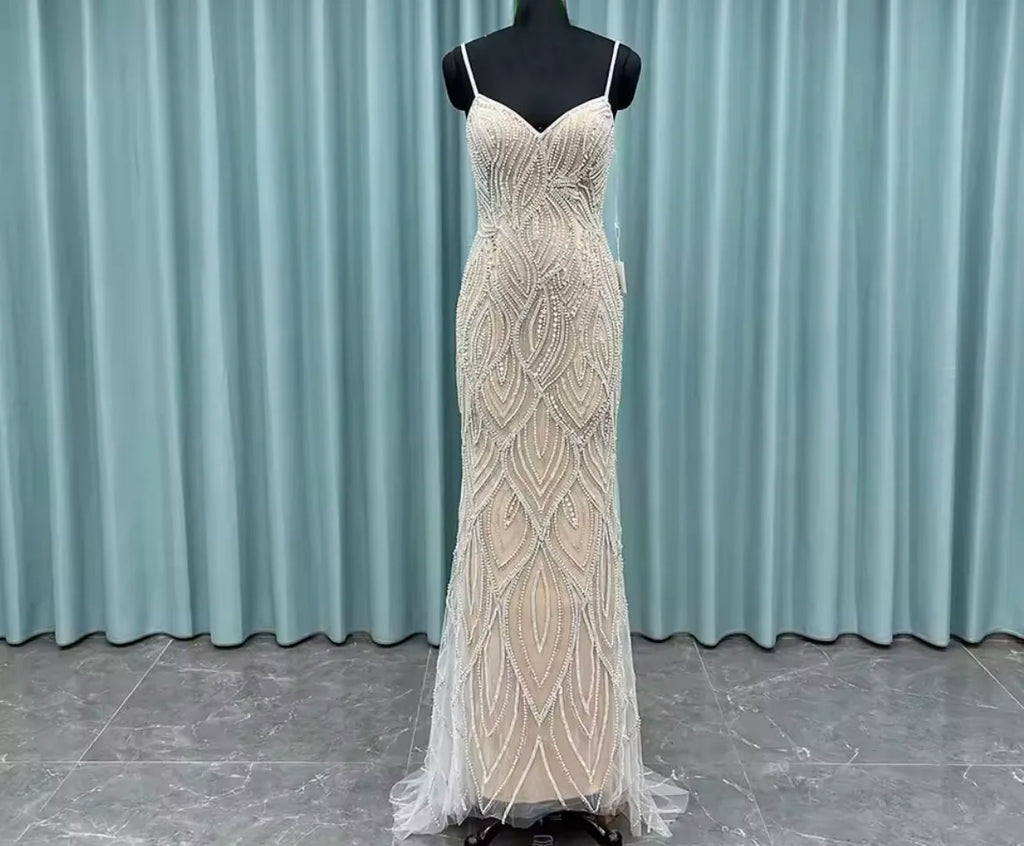 Silver Nude Pearls Beaded Mermaid Evening Dresses Long Tulle Pageant Evening Party Gown