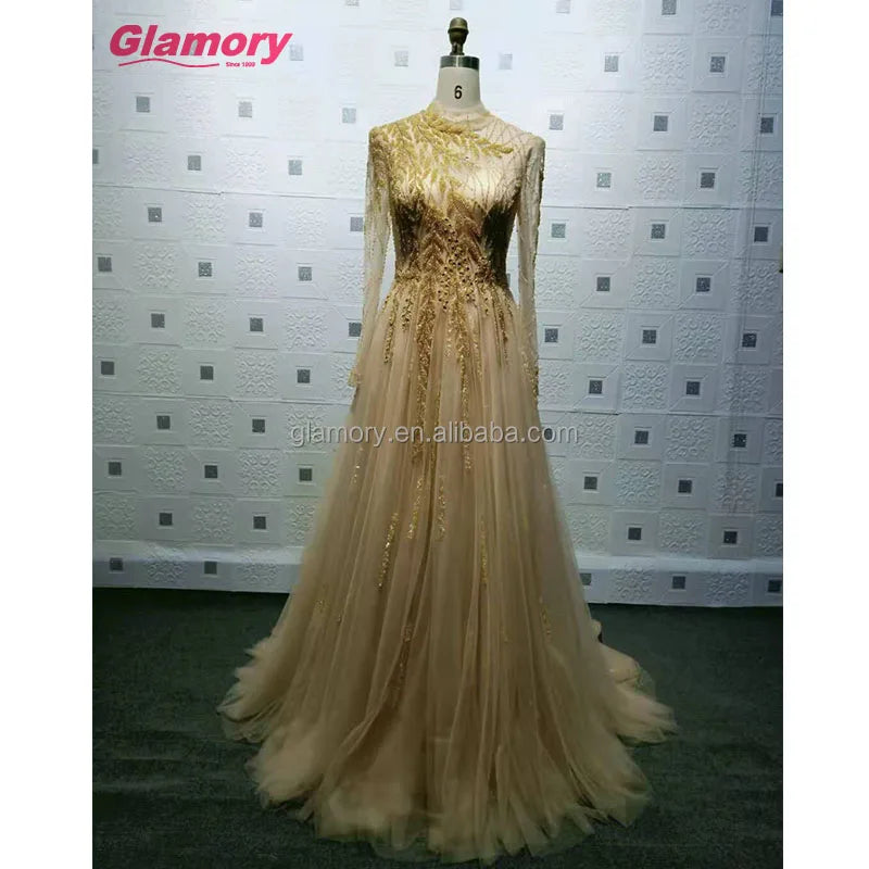 New Arrival Gold High Neck Long Sleeve Luxury Handmade Beading Evening Dress