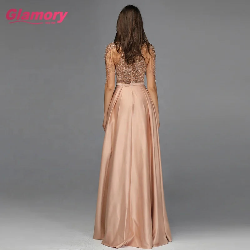 High Neckline  Dubai Style Special Gown Top Beaded Satin Party Gown