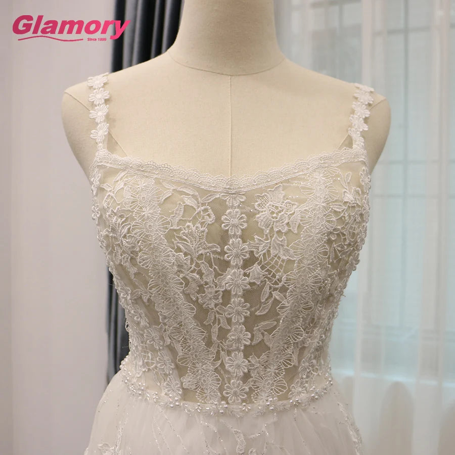 Spring and Summer Show Long Tail Bride Without Sleeve Spaghetti Straps Beach Wedding Dress