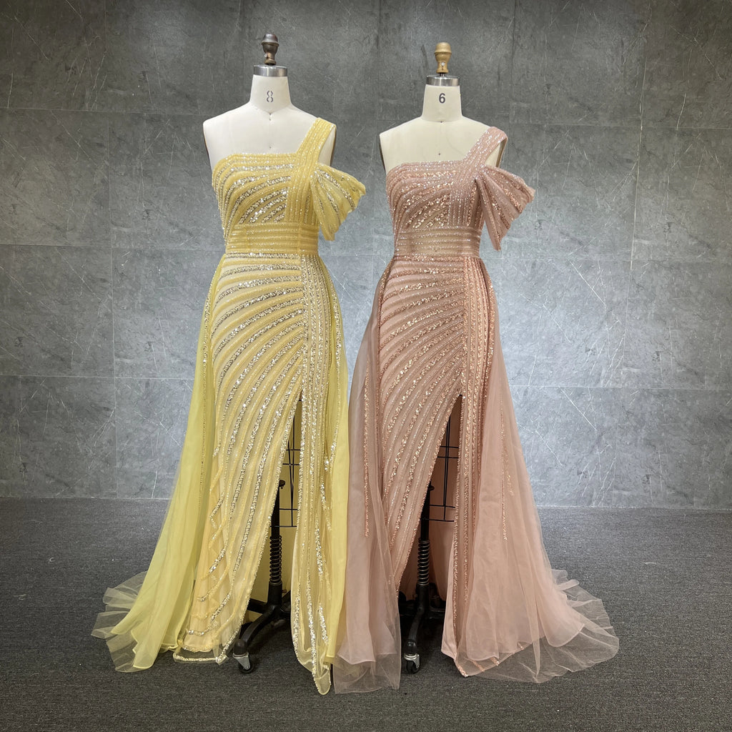 Turquoise One Shoulder High Split Sexy Evening Gowns Mermaid Elegant Luxury Beaded Organza Party Dresses