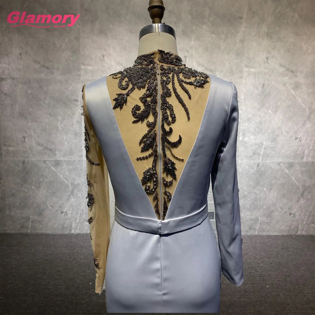 New 2021 Full Sleeve Bodycon Satin Evening Dress With Beads Sexy Banquet Evening Dress for Women