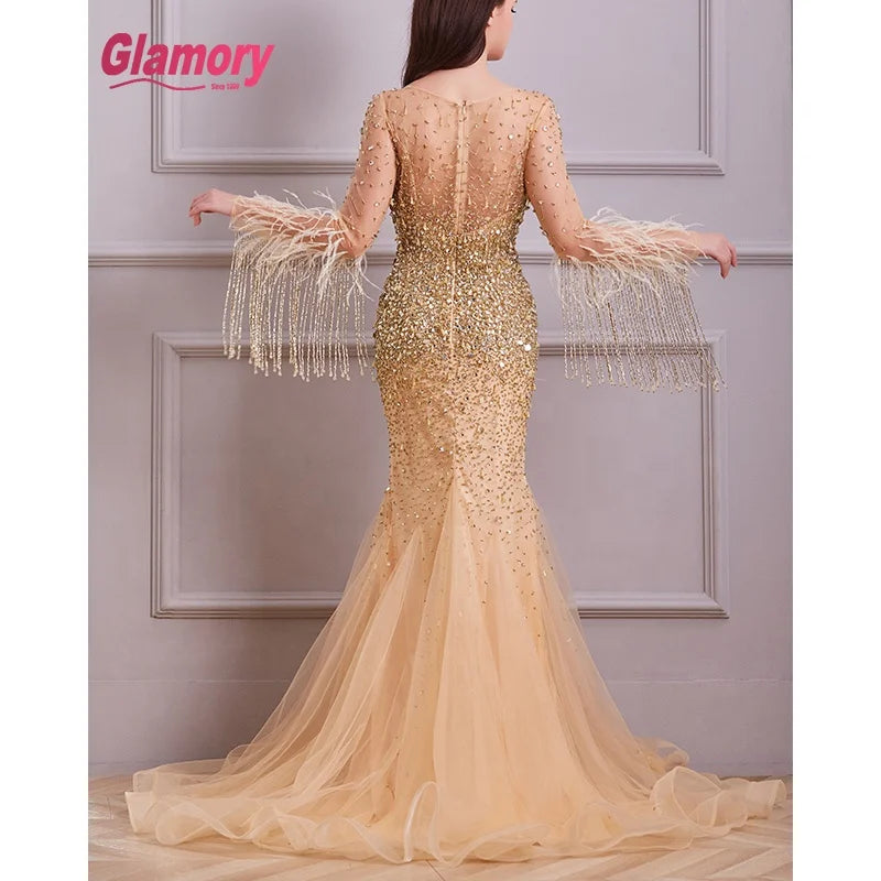 Dubai Golden Luxury Tassel Beading Evening Dress Women Party Dresses With Feathers