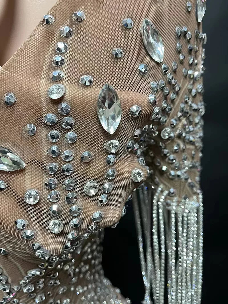 Transparent Long Diamond Dark Brown Party Dress Birthday Luxury Costume Fancy Brilliant Dancer Wedding Dress Impressive Dress