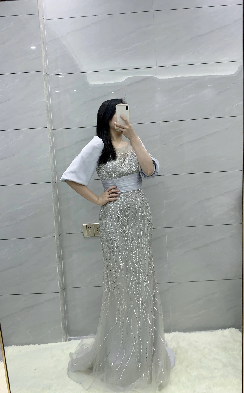 Gray Elegant O Neck Beading Mermaid Evening Dress Short Purr Sleeves Party Dresses Gowns for Women