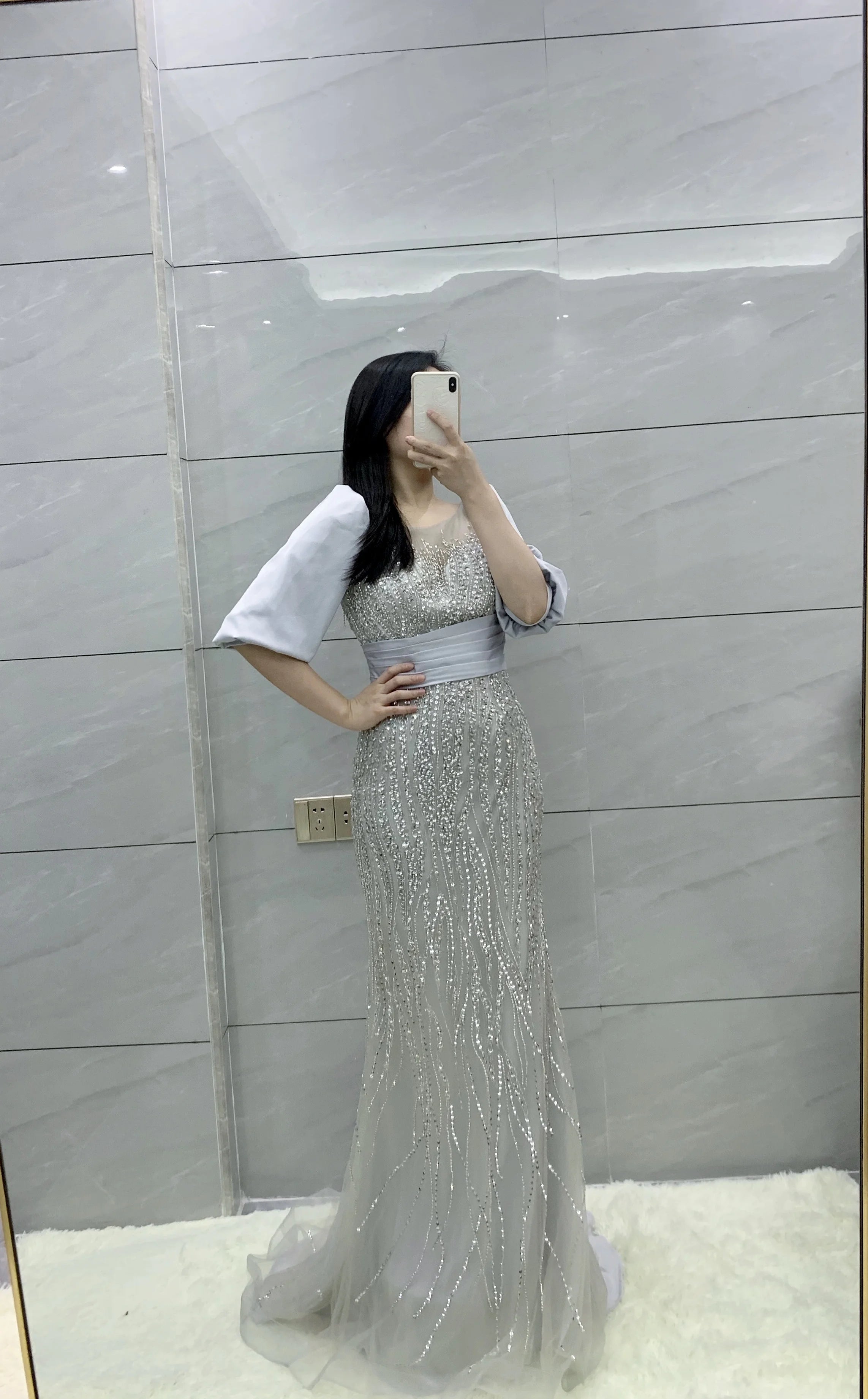 Gray Elegant O Neck Beading Mermaid Evening Dress Short Purr Sleeves Party Dresses Gowns for Women
