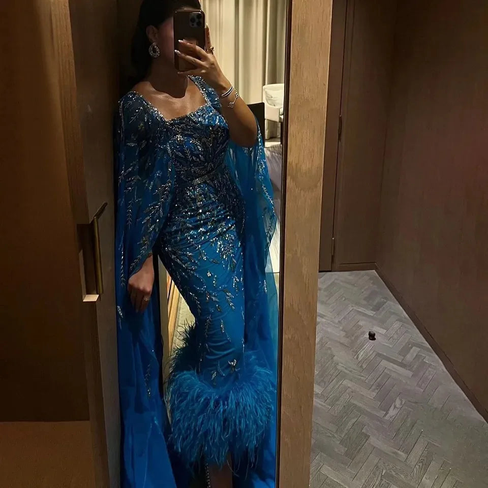 2023 New Mermaid Feather Luxury Beaded With Cape Evening Dresses Gowns for Women Party
