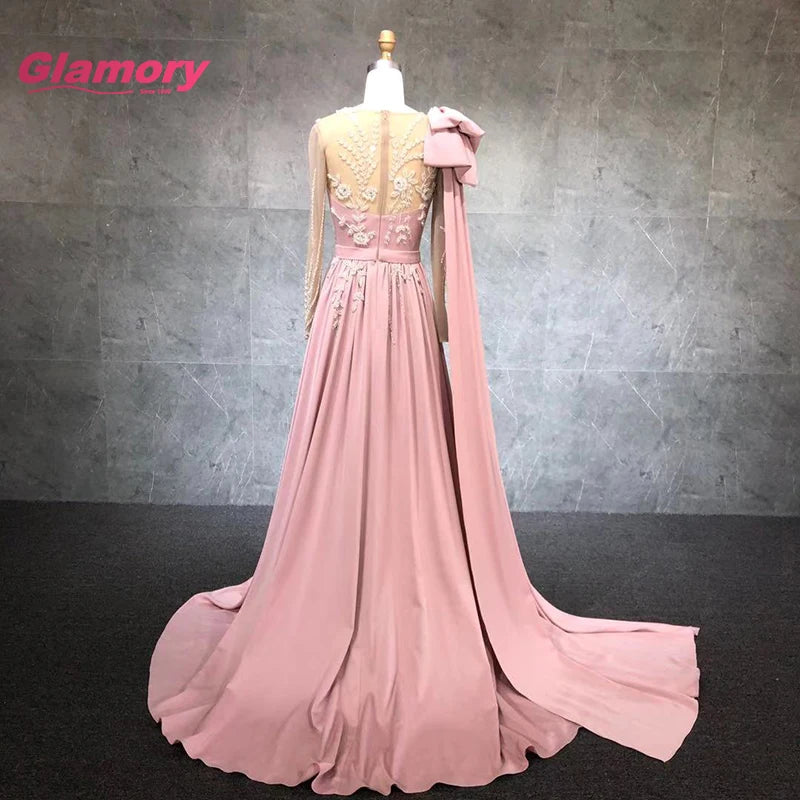 Morandi Blue Long Sleeves Chiffon Beaded Applique Shoulder Bow Shawl Sexy Evening Gown