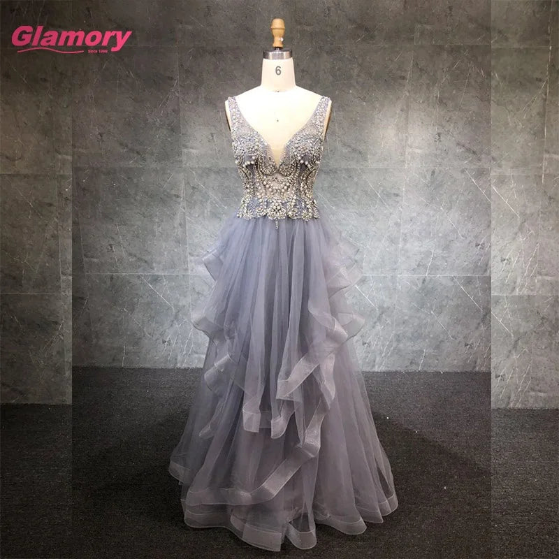 Gray Deep V-neck Puffy Evening Dresses Long Seductive Tulle Beading Prom for Women