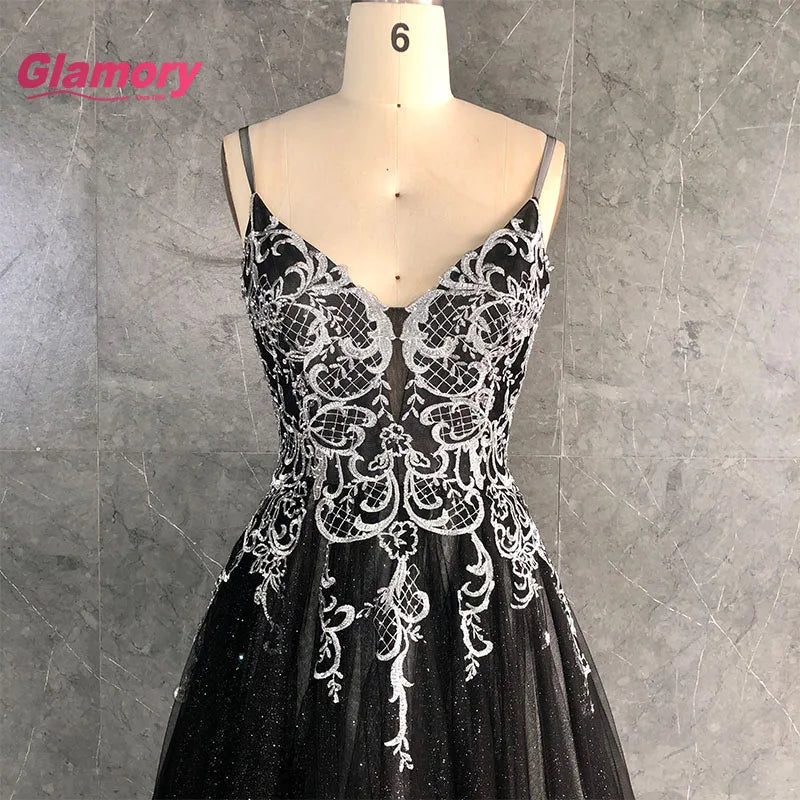 Chaozhou Factory 2020 New Design Lace Applique Spaghetti Strap A-line Black Glitter Tulle Maxi Prom Dress for Banquet