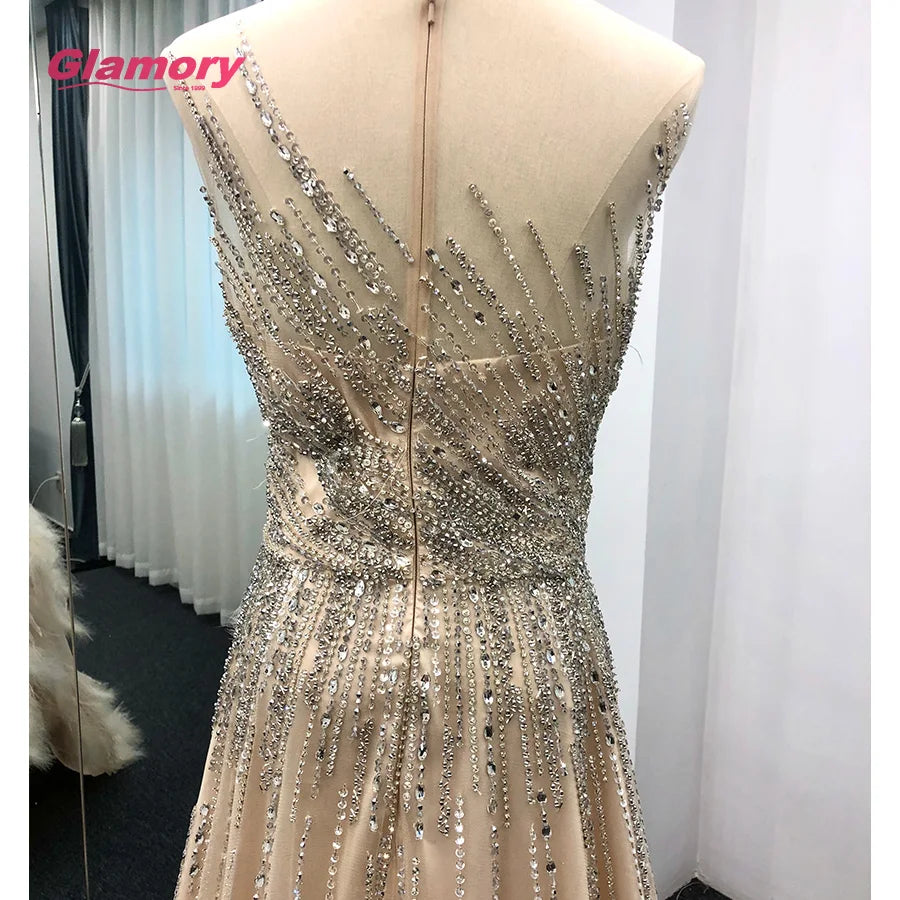 Champagne Heavy Beaded WIth Feather High Slit Sexy Open Leg Prom Dress Formal Evening Dresses 2020