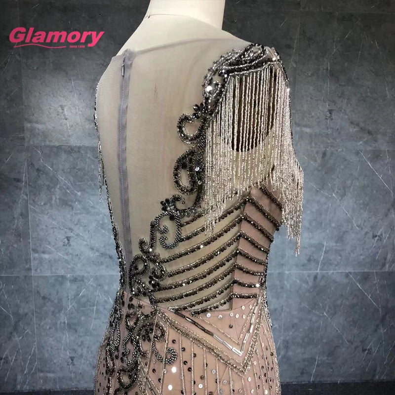 New Arrival 2020 Silver Sexy V Neck Women Party Luxury Crystal Tassel Prom Mermaid Evening Dress Formal Gowns