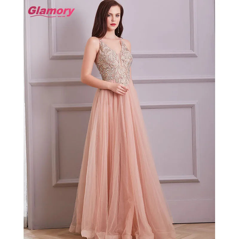 Women Dresses Glamorious Bling Lace Ball Gown V-neck Floor-length Tulle Evening Dress