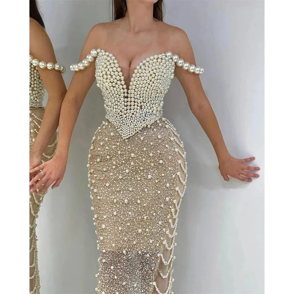 White Nude Elegant Pearls Spaghetti Straps Party Dress 2024 Dubai Mermaid Evening Dresses for Wedding Party