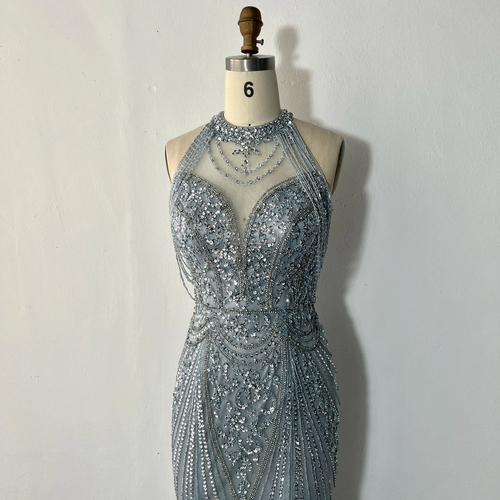 Fashion Party Sexy Halter Neck Crystal Decoration Dubai Dress Luxury Shiny Slim Slimming Beading Banquet Dress