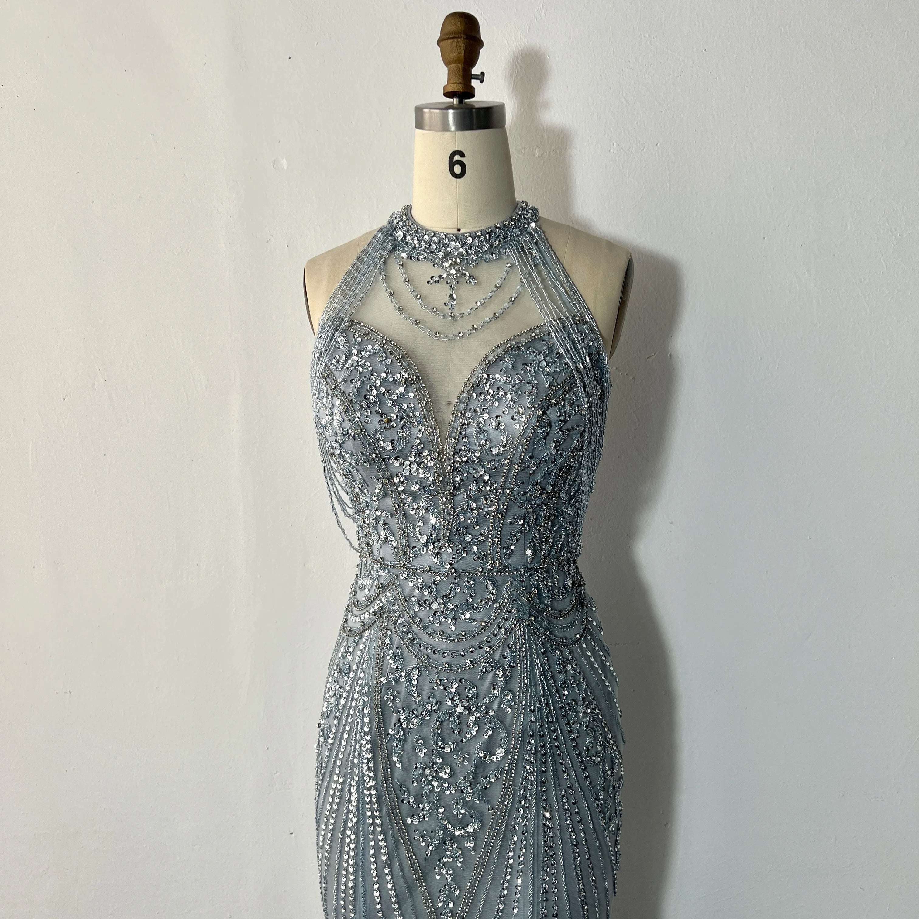 Fashion Party Sexy Halter Neck Crystal Decoration Dubai Dress Luxury Shiny Slim Slimming Beading Banquet Dress