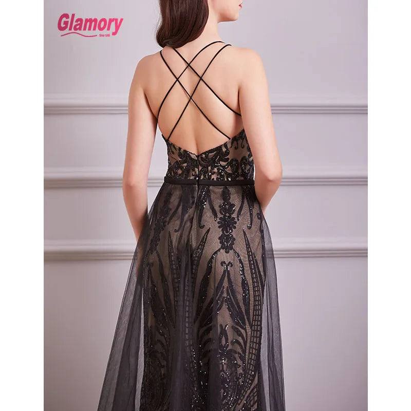 Black Pattern Sequin Evening Dress Sexy Bare Back Long Prom Dress
