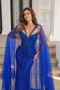 2025 Blue Luxury Dubai Beaded Lace Cape Sleeves Mermaid Evening Gown for Women Wedding Party Dresses