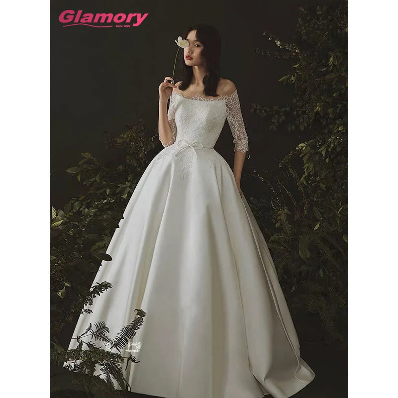 White Off Shoulder Gowns High Quality Lace Long Sleeve Plus Size Satin Wedding Dresses