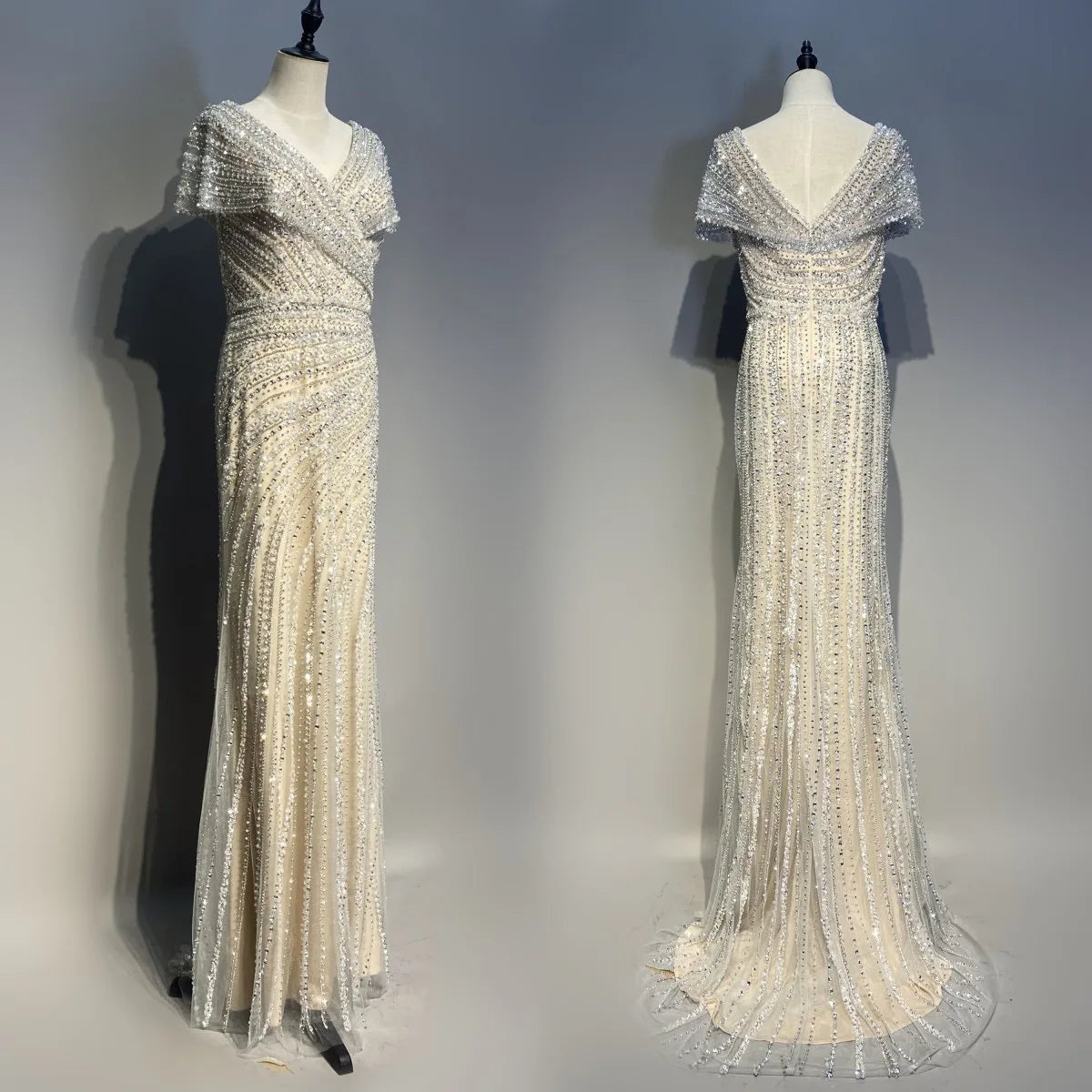 Silver Nude Mermaid Evening Gowns for Women 2023 Dubai Luxury Beading Sparkle Sleeveless Sexy Formal Dress