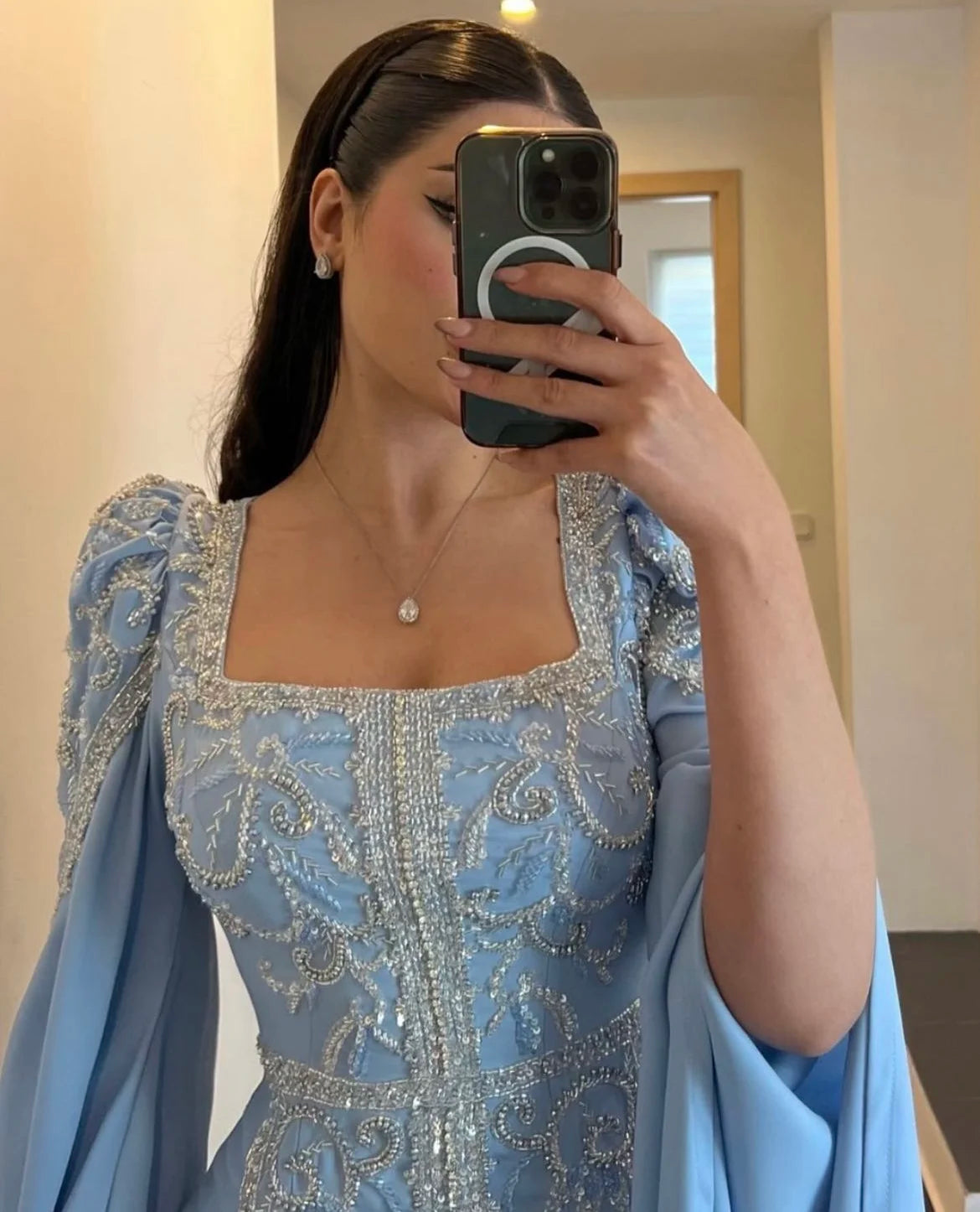 Blue Muslim Elegant Mermaid Cape Sleeves Evening Dresses Arabic Beaded Gowns 2023 for Women Wedding Party