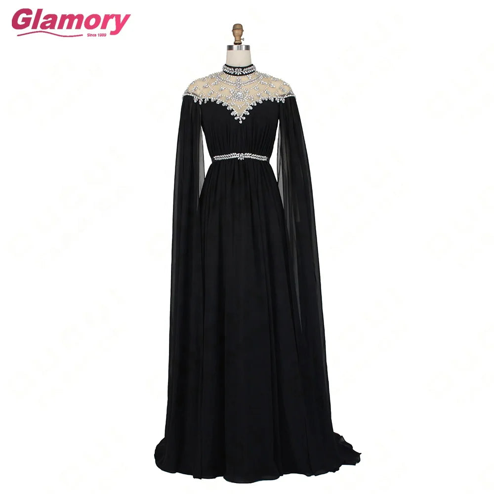 Cheap Dresses Kaftan Abiye Black Evening Dress Long Sleeves Beaded Crystal Chiffon Formal Gown Women Elegant Vestido Robe