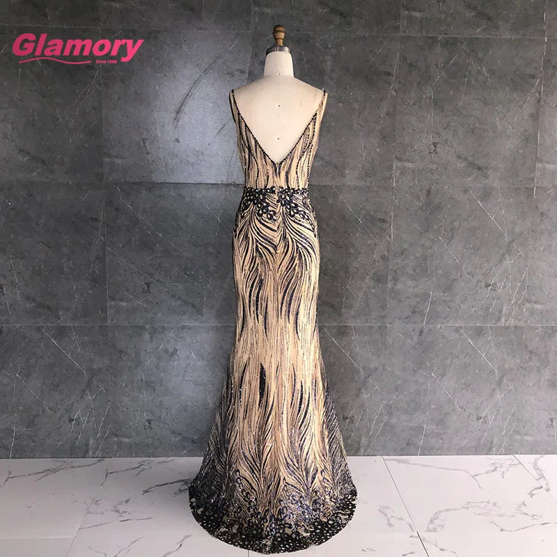 2020 Latest Design Sequin Fishtail Evening Sexy Spaghetti V-neck Open Back Long Maxi Prom Dress