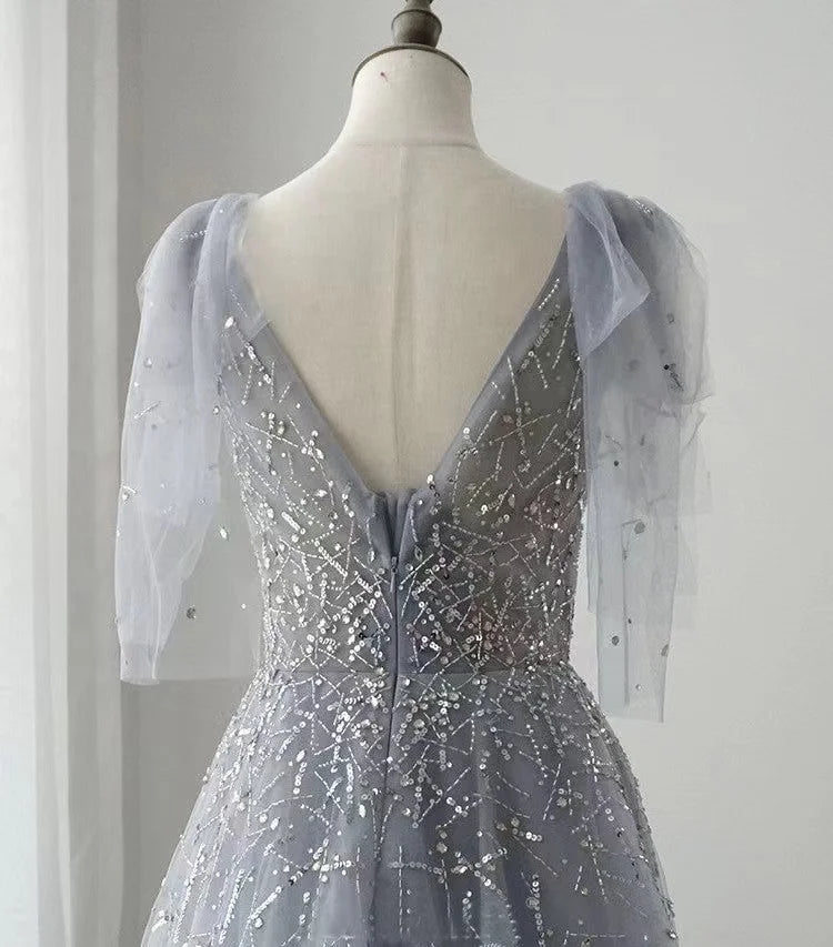 NEW  Women Elegant a Line Evening Dresses Illusion Deep V Neck Beading Party Evening Dresses