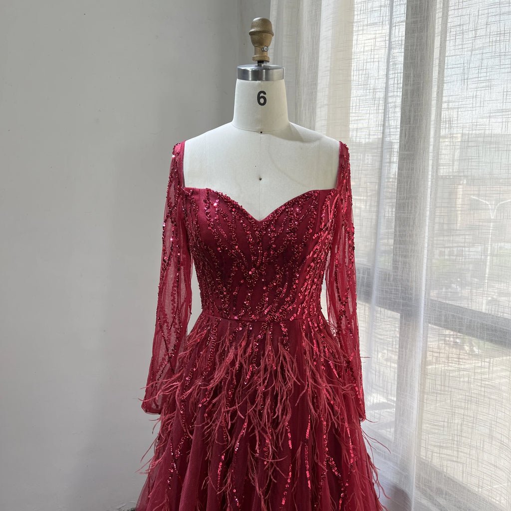 2022 Colors Long Sleeves a Line Beaded Feathers Evening Dresses Party Gowns for Women